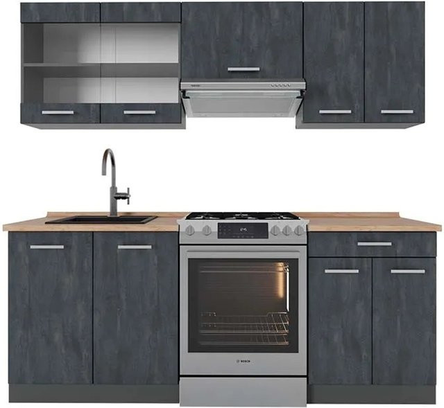 Vicco Küchenzeile R-Line in Schwarz Beton und Anthrazit mit Arbeitsplatte in Eiche, Breite: 200 cm - Bild 2