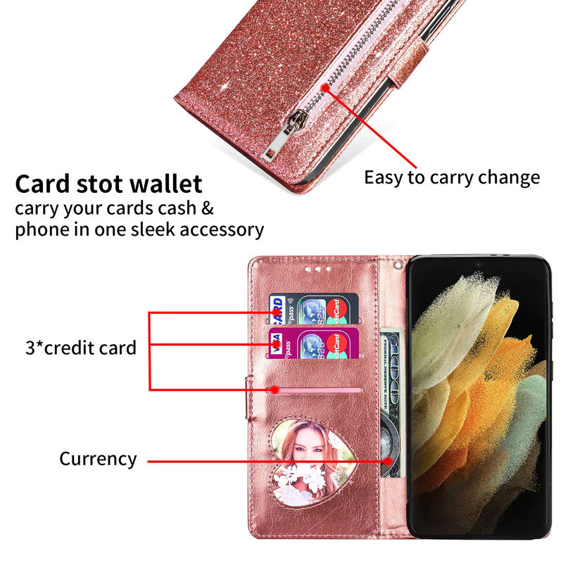 Glitzer Lederhülle mit Reißverschluss als Flip-Brieftasche für Samsung Galaxy S26 S25 S24 S23 S22 S21 S20 S10 Plus Note 20 5G in Silber - Bild 4