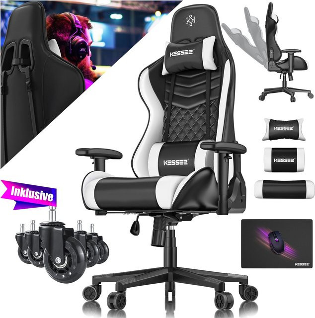 KESSER Gaming Stuhl Ergonomisch in Schwarz aus Kunstleder mit Kopfstütze, Lendenkissen und verstellbaren Armlehnen, belastbar bis 150 kg - Bild 1