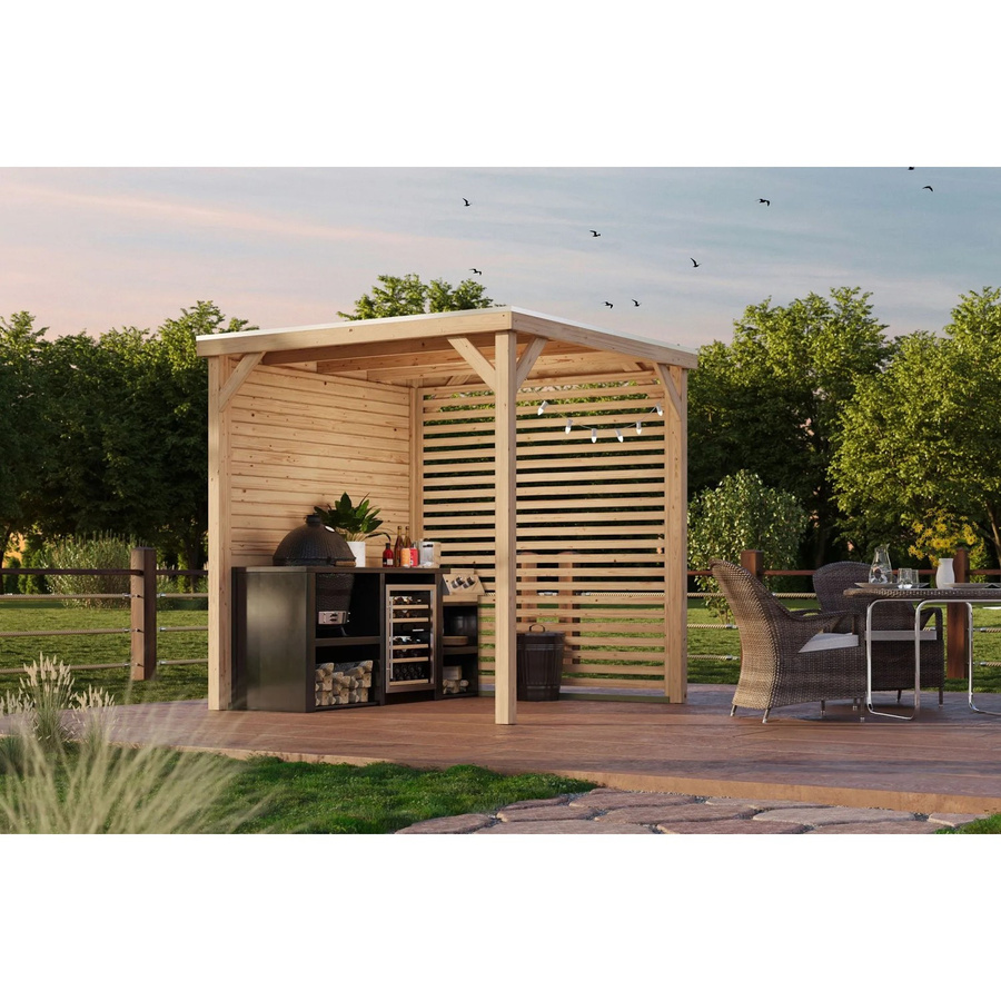 Karibu Pavillon Cannes Outdoorkitchen XL aus nordischer Fichte mit Seitwand und Lamellenwand, Farbe: Brown, B/T/H: 231 x 231 x 243 cm - Bild 2