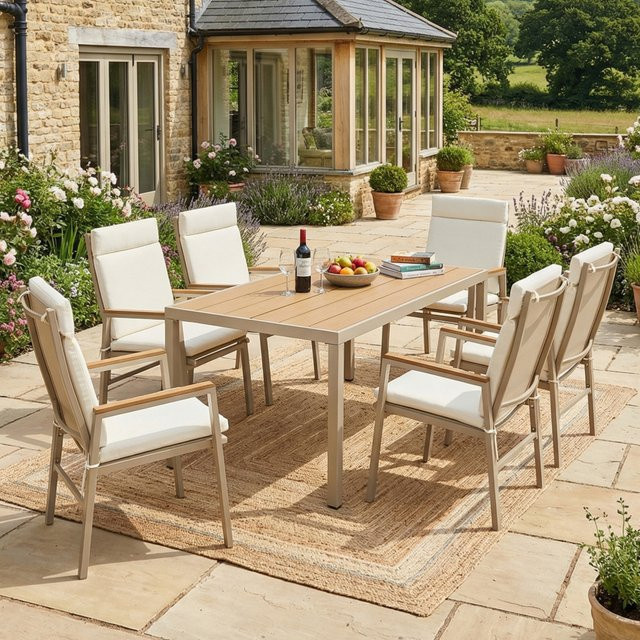 PINGGO Garten-Essgruppe für 6 Personen mit Tisch und Stühlen aus verzinktem Eisen und Kunststoff-Holz-Tischplatte in Khaki und Beige - Bild 1