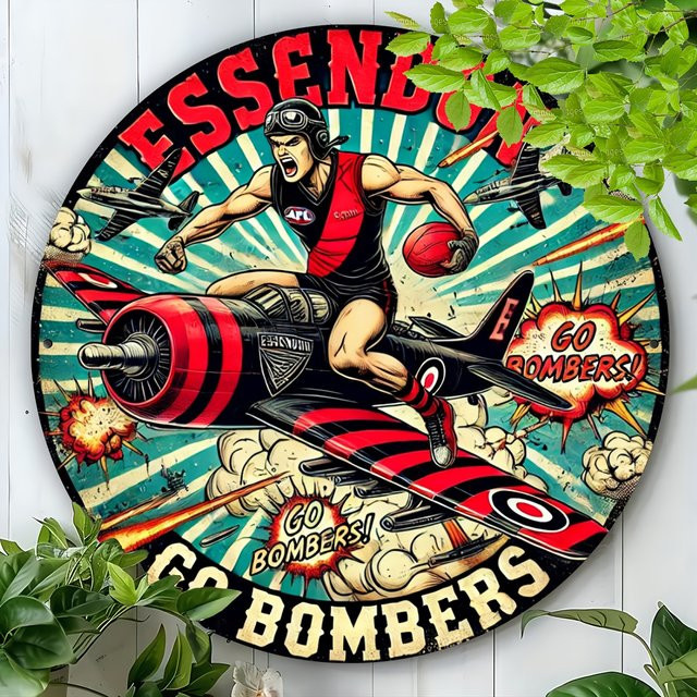Essendon Bombers Rundes Aluminium-Wandschild im Vintage-Stil mit Fußballspieler und Flugzeug, Mehrfarbig - Bild 1