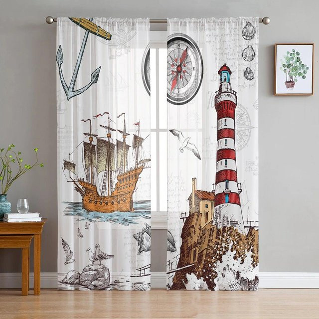 A Family Of Home Textiles Transparenter Tüllvorhang mit Retro Leuchtturm und Segel-Illustration, Weiß, Breite: 135 cm, Höhe: 137 cm - Bild 1