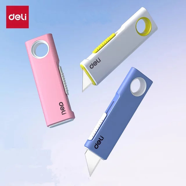 Deli Taschen-Allzweckmesser als einziehbares Mini-Box-Schneidemesser mit Aufhängeloch zum Auspacken und Schneiden von Kunststoffkarton - Bild 1