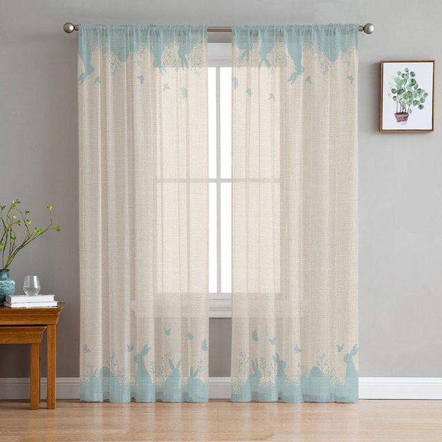 A Family Of Home Textiles Transparent Voile Tüllvorhang mit Osterei-Kaninchen-Silhouette in Weiß, Breite: 135 cm, Höhe: 114 cm - Bild 1