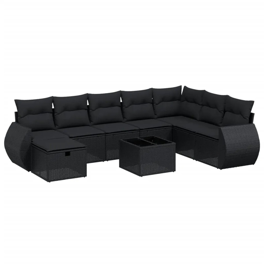 vidaXL 9-tlg Garten-Sofagarnitur in L-Form aus schwarzem Poly-Rattan mit Kissen und pulverbeschichtetem Stahlgestell - Bild 2