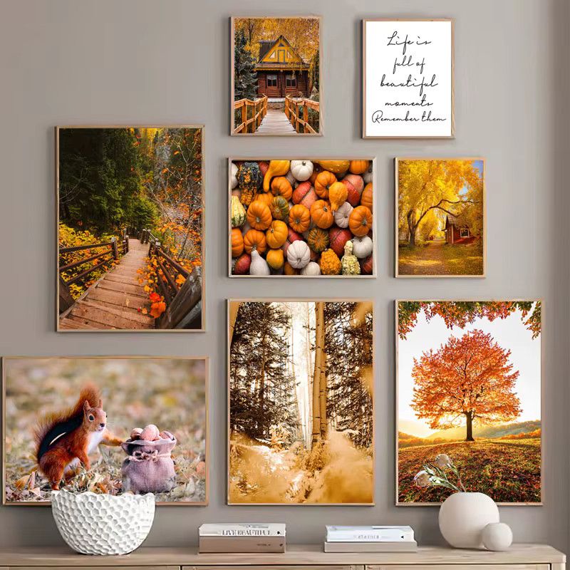 Potdemiel Herbst Leinwand Poster mit gelben Blättern und Kürbis als Wand Kunstdruck für Wohnzimmer und Halloween Dekoration in Gelb - Bild 2