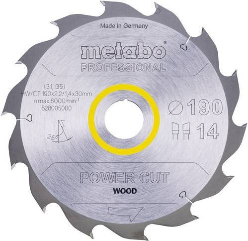 Metabo Kreissägeblatt Power Cut Wood Professional für Holz und Metall, Silber, Durchmesser: 190 mm, Bohrung: 30 mm, Zähnezahl: 14, Carbide Tipped - Bild 1