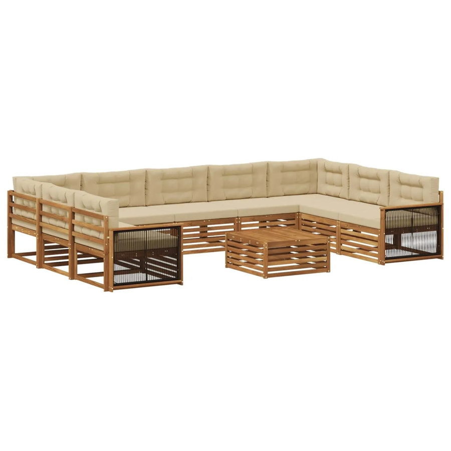 vidaXL Outdoor-Sofagarnitur aus Massivholz Akazie in L-Form mit 10-teiligem Set, Farbe Natur und Beige - Bild 2