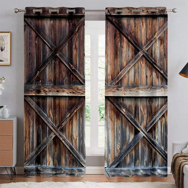 2er-Set Vorhänge mit Vintage Holzmaserung in Braun, lichtblockierend und wärmeisolierend, Breite: 100 cm, Höhe: 130 cm - Bild 1