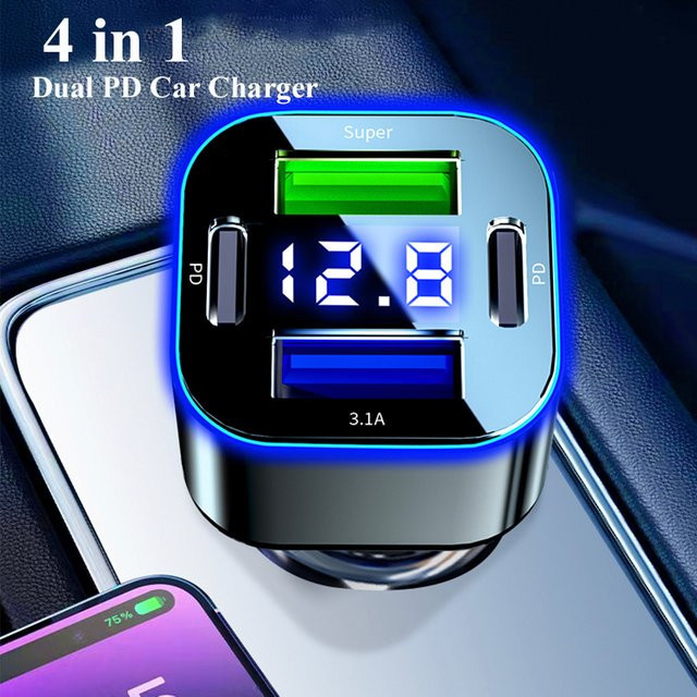 EDEBA 4 in 1 USB C Auto Ladegerät mit Dual PD Super Schnellladeadapter in Schwarz - Bild 1