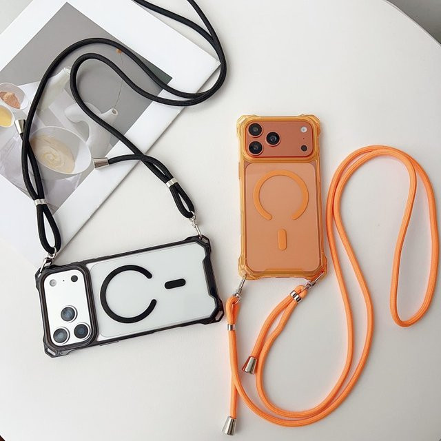 EHUIDE Stoßfeste Crossbody-Hülle mit Trageriemen und Magnetfunktion für iPhone 12 bis iPhone 17 Pro Max, Transparent/Orange - Bild 1