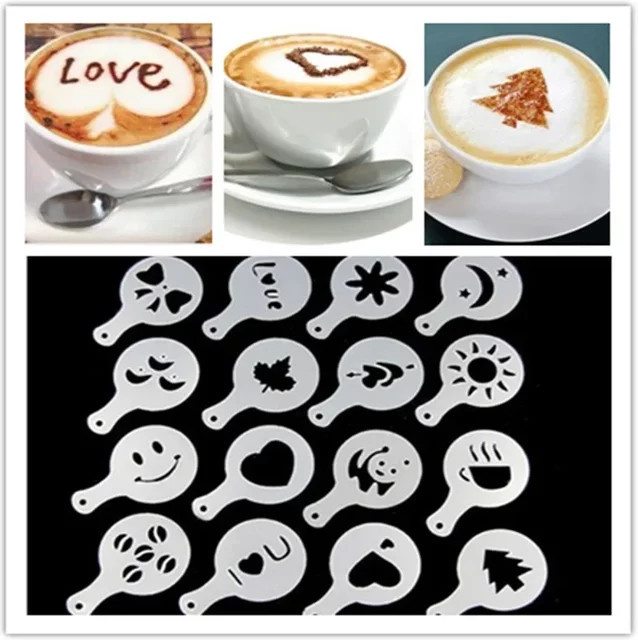 16-teiliges Set Kaffee Schablonen für Latte Art und Cappuccino aus Kunststoff zur Dekoration von Kaffee und Kuchen - Bild 1