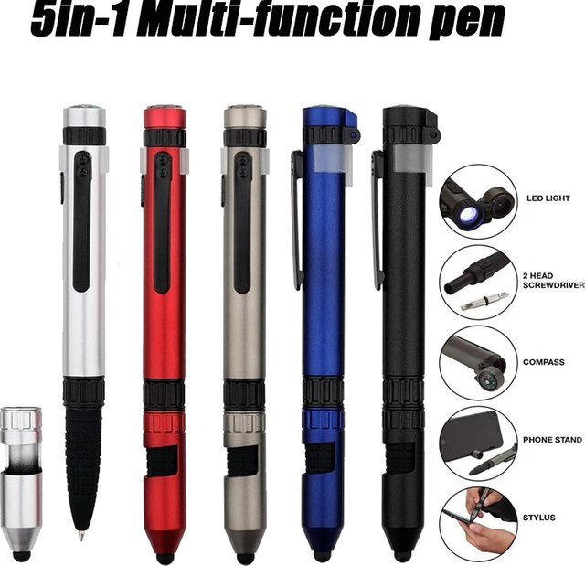 JOMPENS 5-in-1 Multifunktions-Kugelschreiber mit blauem Tintenfluss, LED-Licht, Taschenlampe, Kompass und Schraubendreher für Outdoor-Aktivitäten - Bild 1