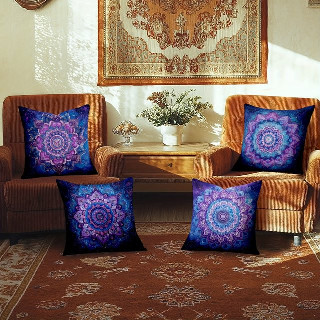 VIKAMA 4-teiliges Mandala-Kissen-Set im Boho-Stil, blau und lila, quadratisch, 45 x 45 cm - Bild 1