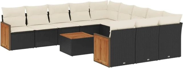 vidaXL 12-teilige Garten-Sofagarnitur in L-Form aus Polyrattan und Akazienholz mit Kissen in Schwarz-Creme - Bild 1