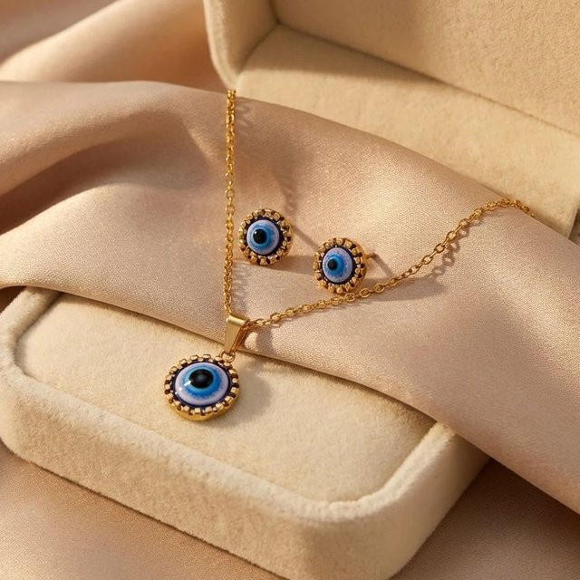 RINHOO FRIENDSHIP Schmuckset, Halskette, Ohrstecker, Blaues Böses-Auge, Gold, Damen - Bild 1