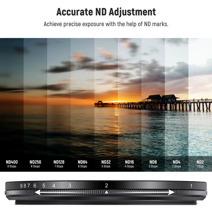 NEEWER ND2-400 variabler ND-Filter 67 mm in Schwarz mit Objektivdeckel, Umhängeband und Reinigungstuch aus optischem Glas - Bild 4