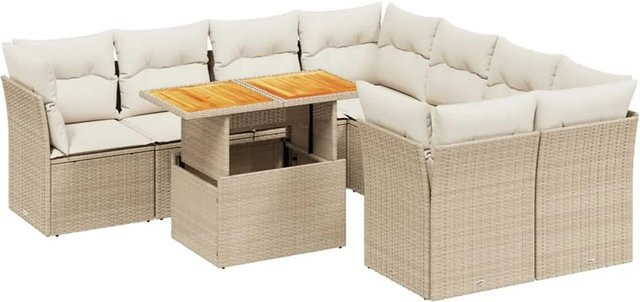 vidaXL 9-tlg. Garten-Sofagarnitur aus Poly-Rattan in Beige und Cremeweiß mit Kissen und Tisch, L-Form - Bild 1