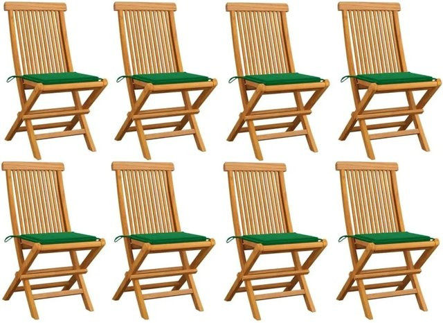 vidaXL Gartenstuhl-Set aus Teakholz mit grünen Kissen, 8 Stück, braun - Bild 1