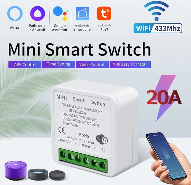 Tuya WiFi Mini DIY Smart Switch Modul 20A mit 2-Wege-Steuerung und 433 MHz Funk, Farbe: Weiß, kompatibel mit Tuya Smart Life App, Alexa und Google Home Sprachsteuerung - Bild 1