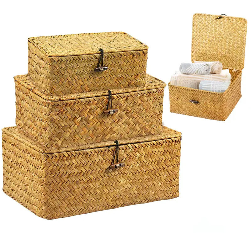 3-teiliges Set handgewebte Aufbewahrungskörbe aus Rattan in Beige im Vintage-Design mit Deckel und rechteckiger Form - Bild 7