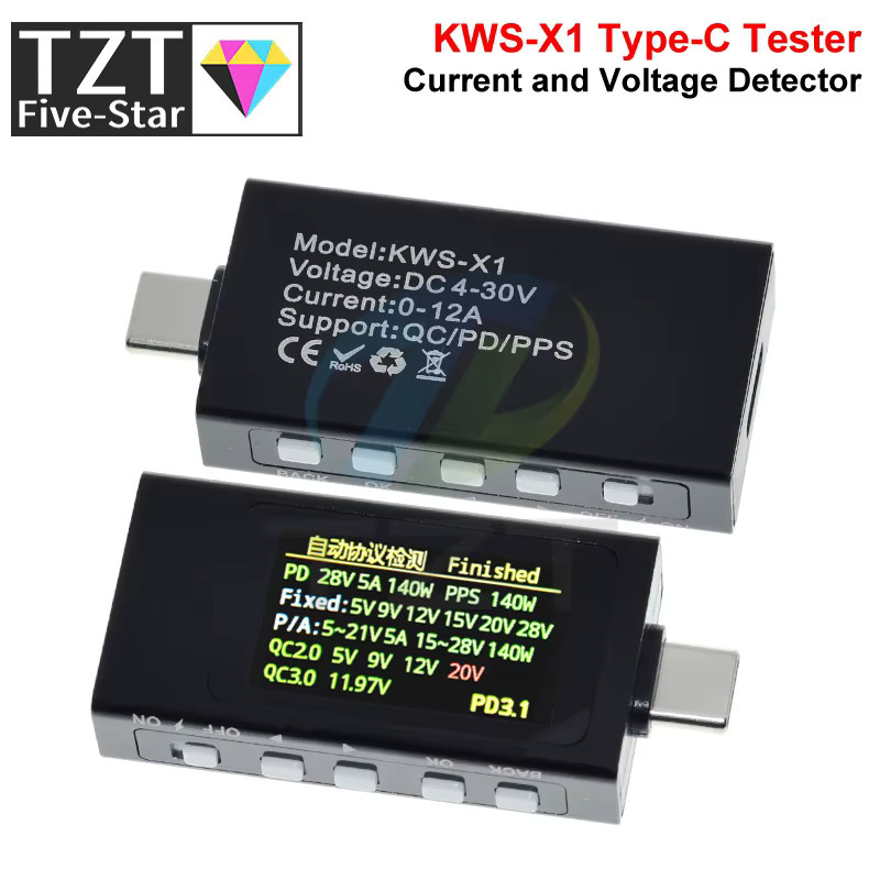 TZT KWS-X1 Typ-C Strom- und Spannungsmonitor Digitaler LCD-Leistungsmesser für DC 4-30V und 0-12A in Schwarz - Bild 3
