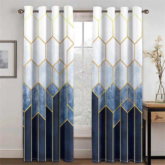 A Family Of Home Textiles 2er Set Moderne Vorhänge mit 3D Geometrischer Kunst und Blauer Marmorstruktur, Semi-Transparent, Breite: 100 cm, Höhe: 130 cm - Bild 1