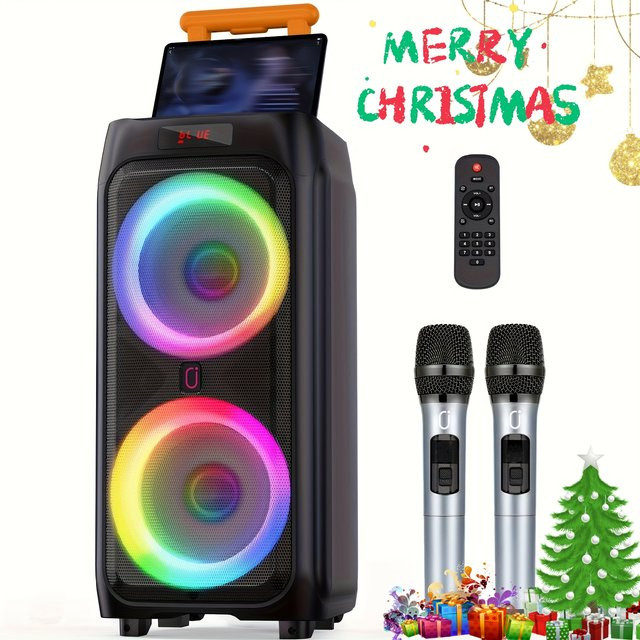 FanFun T9 Karaoke-Maschine mit 2 kabellosen Mikrofonen und Disco-Lichtern, tragbarer Bluetooth-Lautsprecher in Schwarz - Bild 1