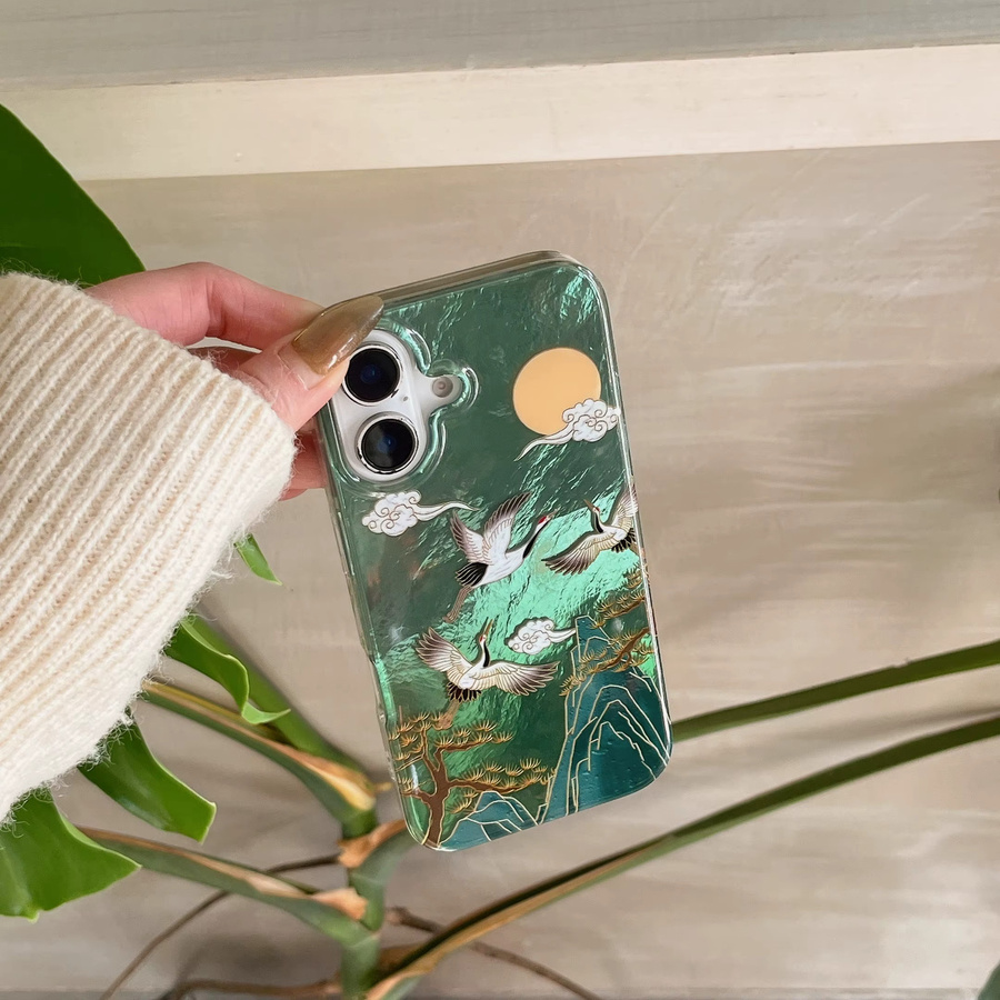 TROPLET Handyhülle im chinesischen Stil mit Kranich und Quaste für iPhone 17 16 15 14 13 Pro Max, Farbe: Grün - Bild 3