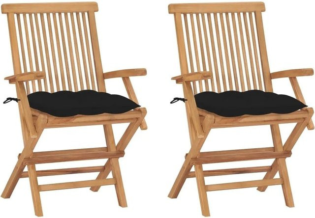 vidaXL Gartenstühle aus Teak-Massivholz mit schwarzen Kissen, 2er Set, Braun - Bild 1
