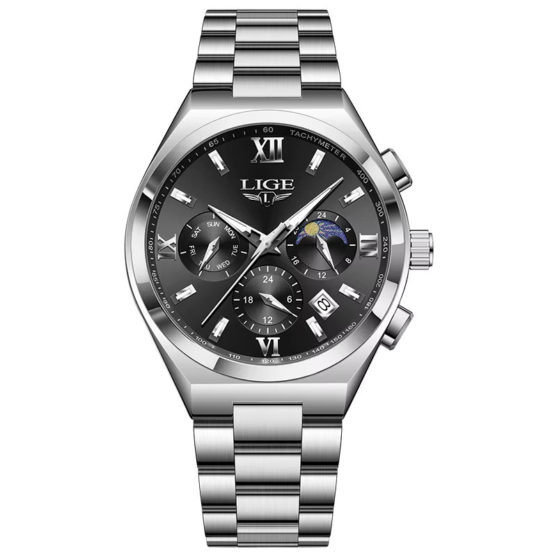 LIGE Armbanduhr Quarz, Edelstahl, Schwarz, Silber, Herren - Bild 7