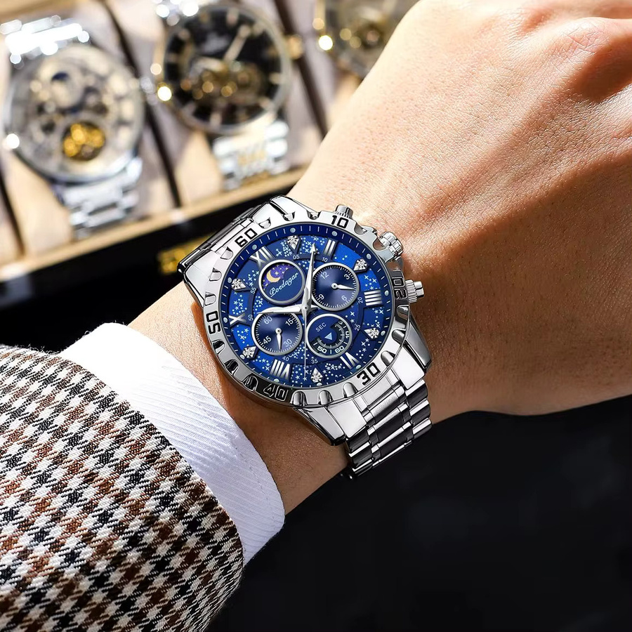 POEDAGAR Chronograph Armbanduhr, Quarz, Edelstahl, Gold Blue, Herren - Bild 5