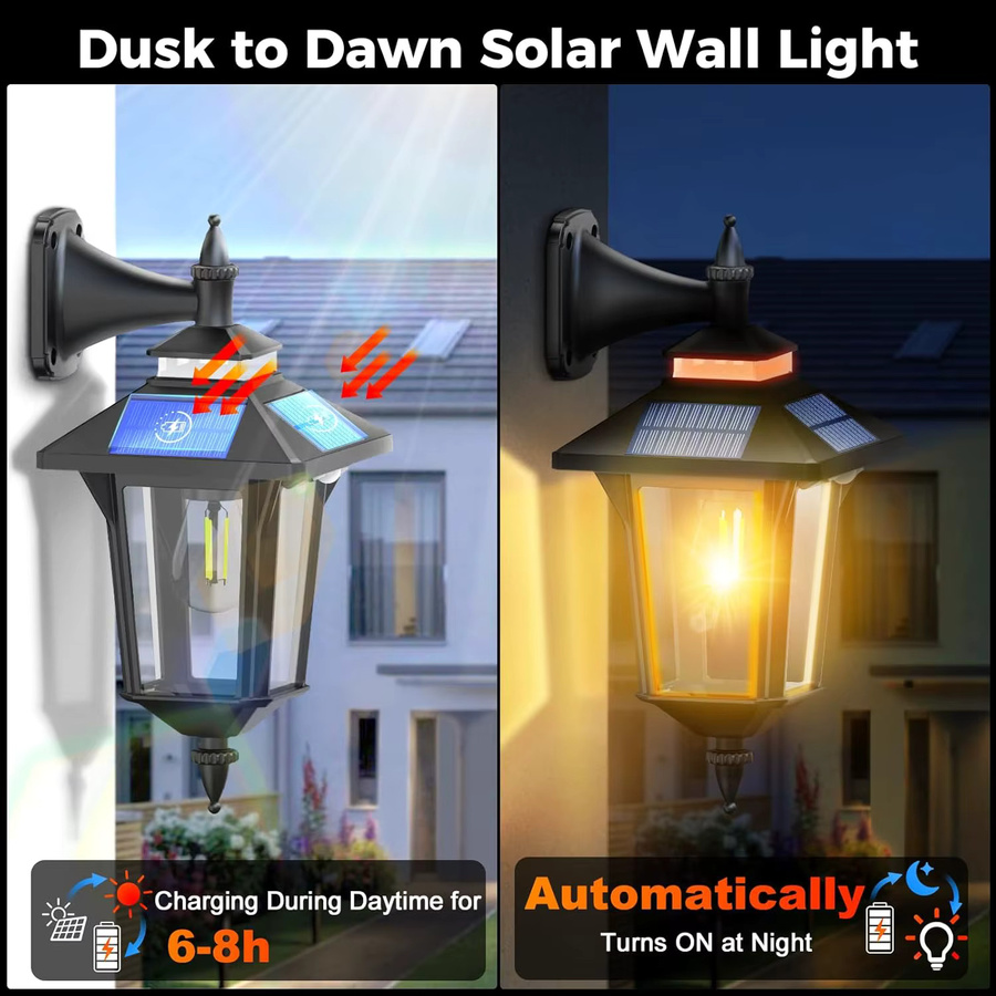 COLBOR Solar-Außenleuchten im Vintage-Design, 2er-Set, Schwarz, mit Bewegungsmelder, 2200 mAh, 3 Modi, IP65 wasserdicht, Warmweiß - Bild 6