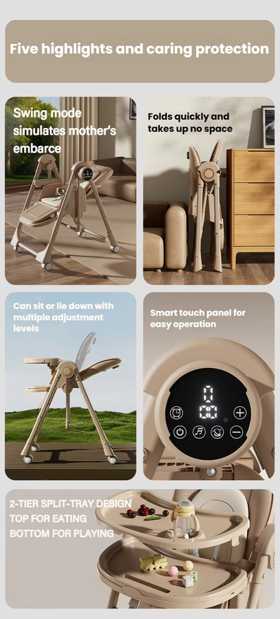 Multifunktionaler 2-in-1 Baby-Hochstuhl und elektrischer Schaukelstuhl in Beige, höhenverstellbar und klappbar - Bild 3