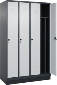C+P Spind Classic PLUS Garderobenschrank mit 4 Abteilen, Sockel, Sicherheits-Drehriegel, 4 Garderobenhaken und mittiger Trennwand, Farbe: Anthrazitgrau/Lichtgrau, H x B x T: 195 x 120 x 50 cm - Bild 1