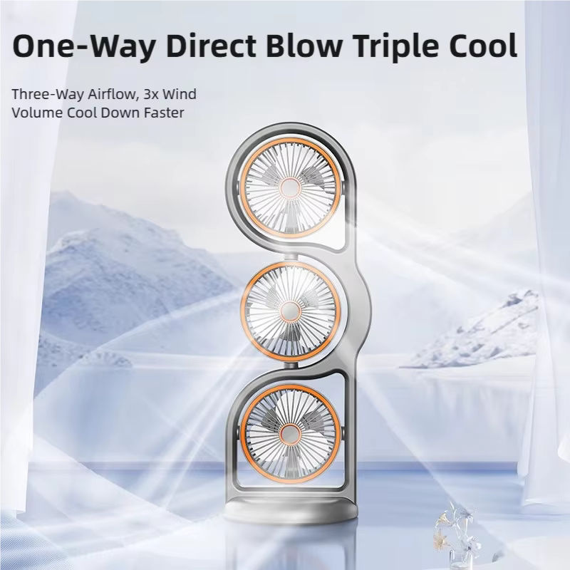 TINSOL Tragbarer Drei-Kopf-Ventilator in Schwarz mit 360 Grad Zirkulation, 5-Stufen-Windregulierung und USB-Wiederaufladung für Tisch und Outdoor - Bild 3