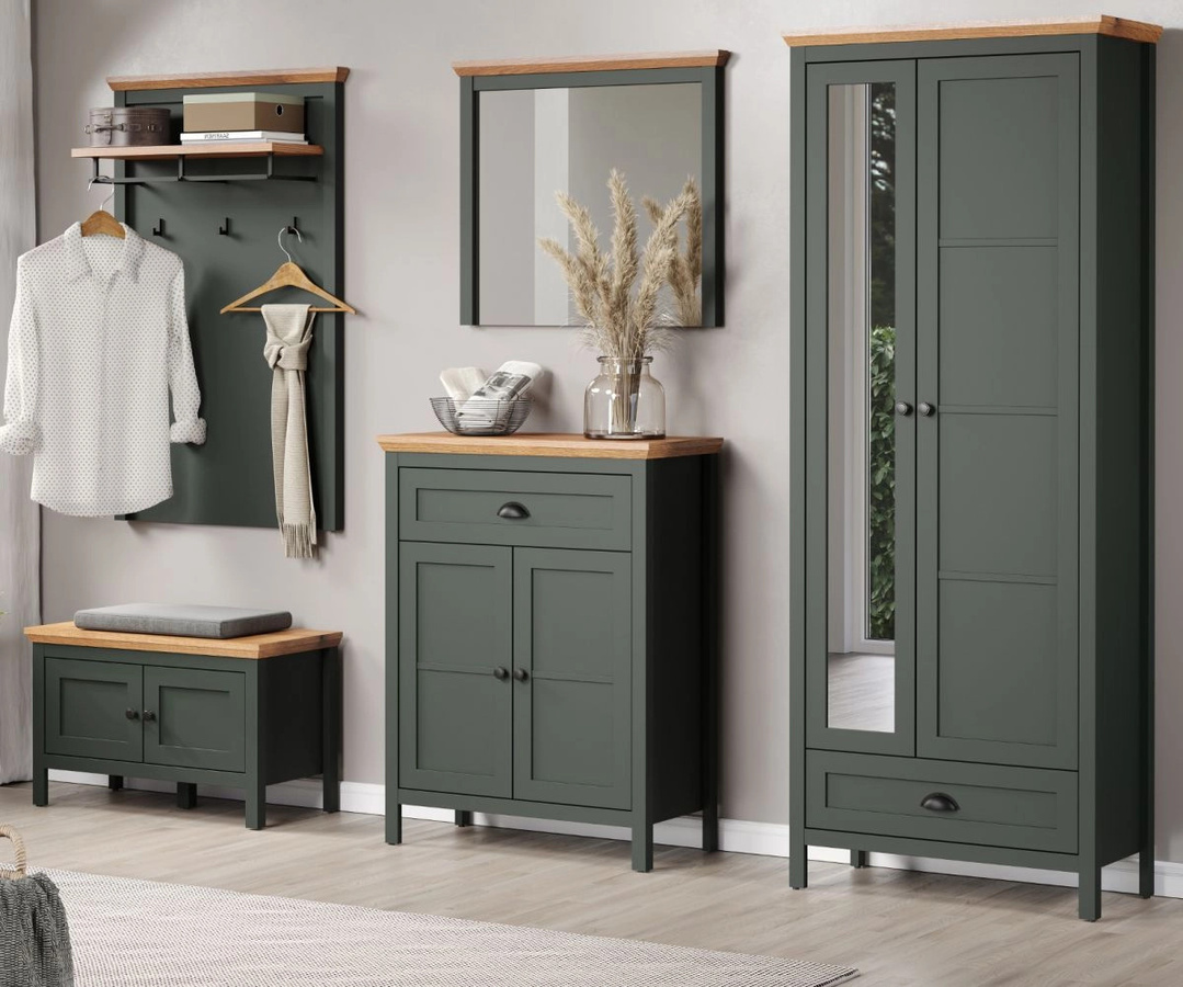 Garderobe Set Meadow von TOP.FURN im Landhausstil in Grün und Eiche mit Spiegel, Bank und Schuhschrank, B/H: 261 x 198 cm - Bild 1
