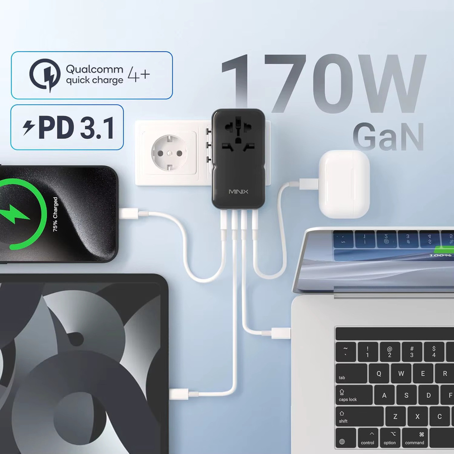 MINIX 170W Universal Reiseadapter GaN III Reiseladegerät in Schwarz mit 3 USB-C und 1 USB-A Anschlüssen - Bild 3
