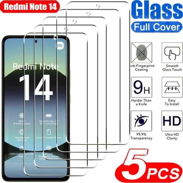 5 Stück HD Displayschutzfolie aus gehärtetem Glas für Xiaomi Redmi Note 14 13 12 11 Pro Plus Turbo 14S 12S 14C 10 9 8 Pro, transparent - Bild 1