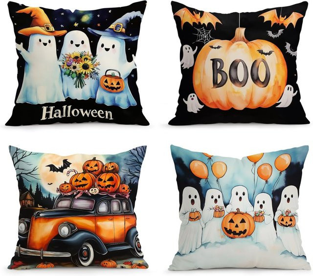 Halloween Kissenbezug mit Geist, Kürbis und Monster aus Polyester in Multicolor, B/H: 18 x 18 cm - Bild 1