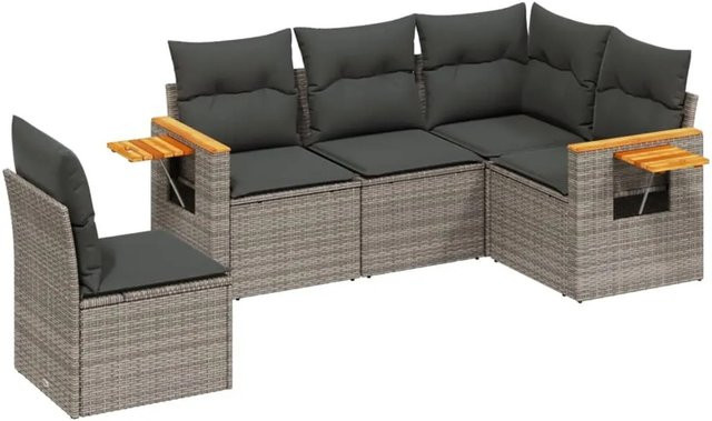 vidaXL 5-teilige Garten-Sofagarnitur in L-Form aus Poly-Rattan und Akazienholz in Grau mit Kissen und Stauraum - Bild 1