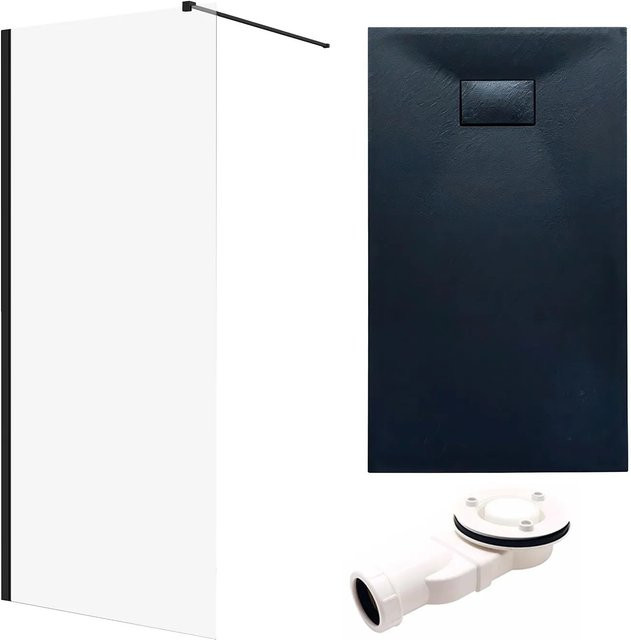 KOLMAN Walk-In Duschset mit Duschwanne aus Mineralguss in Schwarz/Schwarz, Duschwand Breite: 140 cm, Höhe: 195 cm, Duschwanne Breite: 180 cm, Tiefe: 90 cm - Bild 1