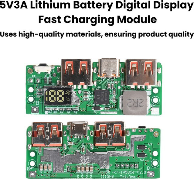 Gaqqee IP5356 Lithiumbatterie Schnelllademodul mit Digitalanzeige in Grün, unterstützt Typ-C, Micro USB, QC3.0/2.0, PD3.0, PD2.0 und AFC/FCP - Bild 1