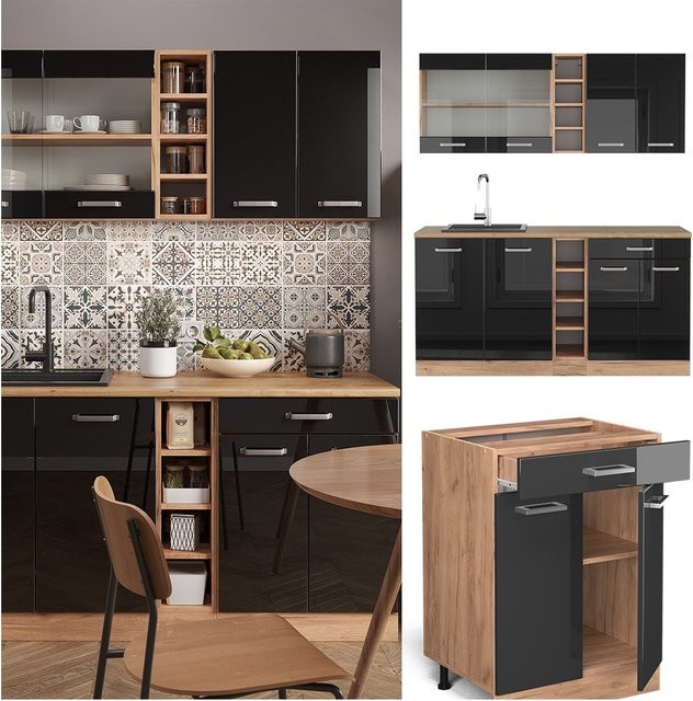 Vicco Küchenzeile R-Line modern in Schwarz und Eiche mit Goldakzenten, Breite: 160 cm - Bild 1