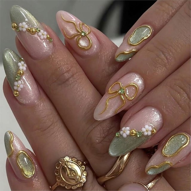MingLee Press-On-Nägel Mandel, Rosa-Grün, 3D-Gold-Schleife, Glänzend - Bild 1