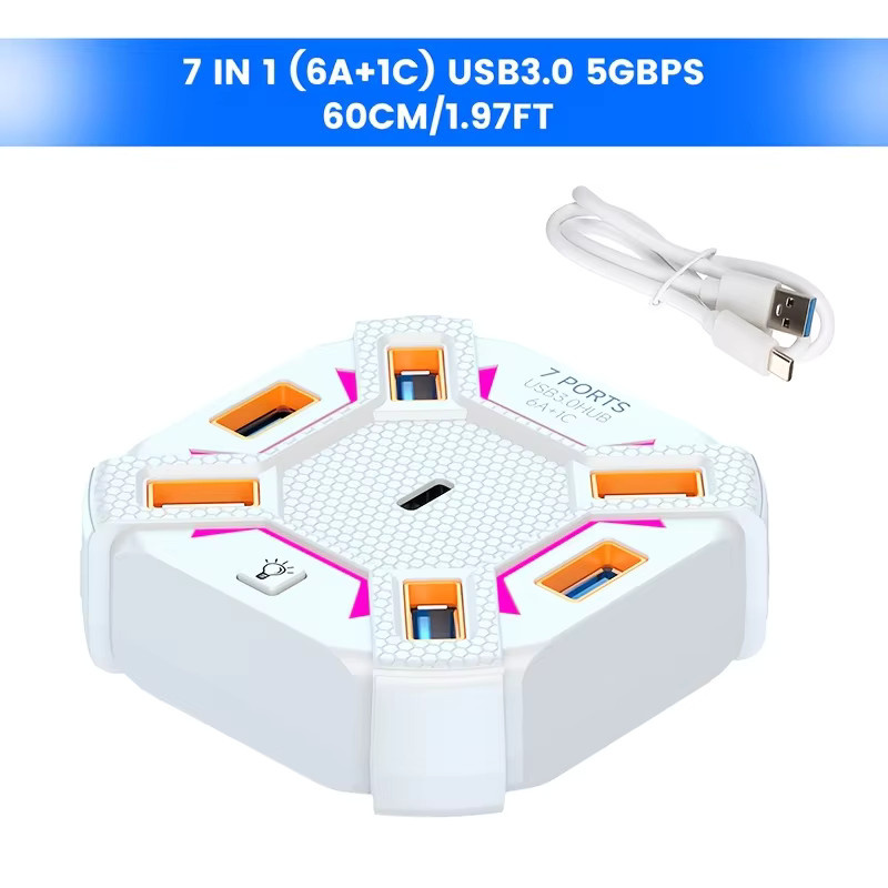 USB-C Dockingstation mit 7 USB 3.0 Ports und RGB-Beleuchtung, stromversorgter Multi-USB-Splitter für Laptop und PC, Schwarz - Bild 6