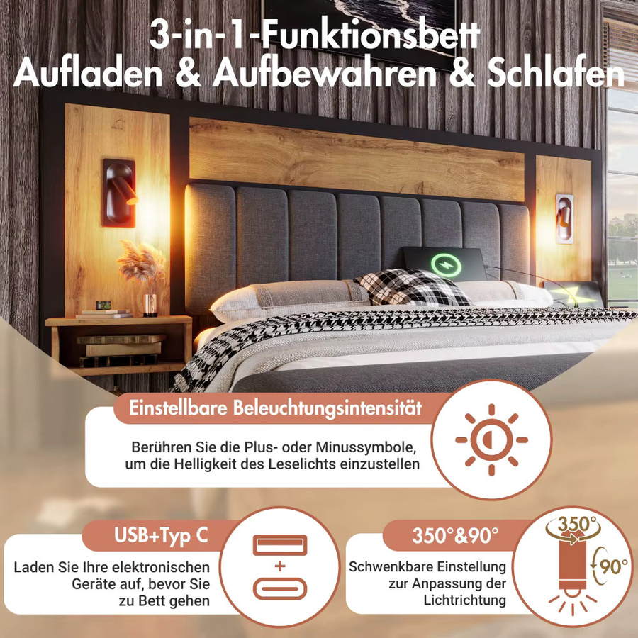 Gepolstertes Doppelbett in Braun mit LED-Beleuchtung, USB-C-Ladeport und Bettbank mit Stauraum, B/T: 180 x 200 cm - Bild 5