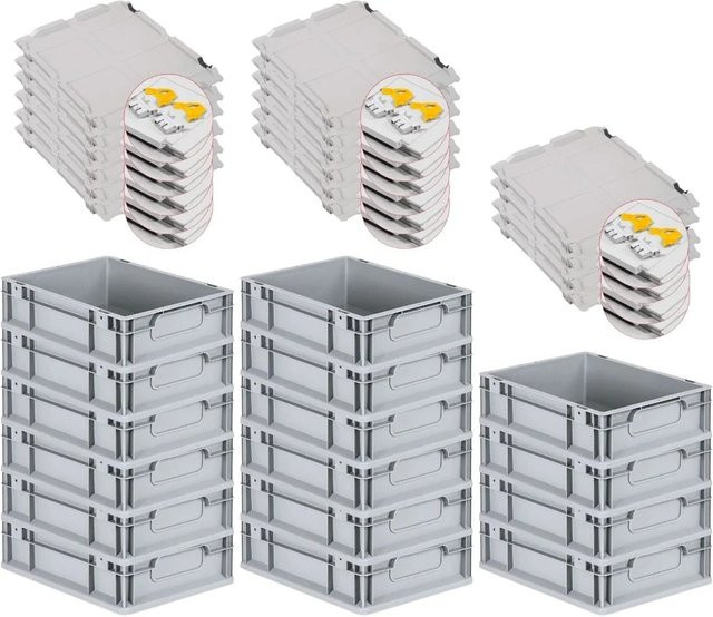 PROREGAL Spar Set 16x Eurobox Nextgen Economy mit Scharnierdeckel und gelben Schiebeschnappverschlüssen, Grau, H x B x T: 12 x 30 x 40 cm, 11 Liter - Bild 1