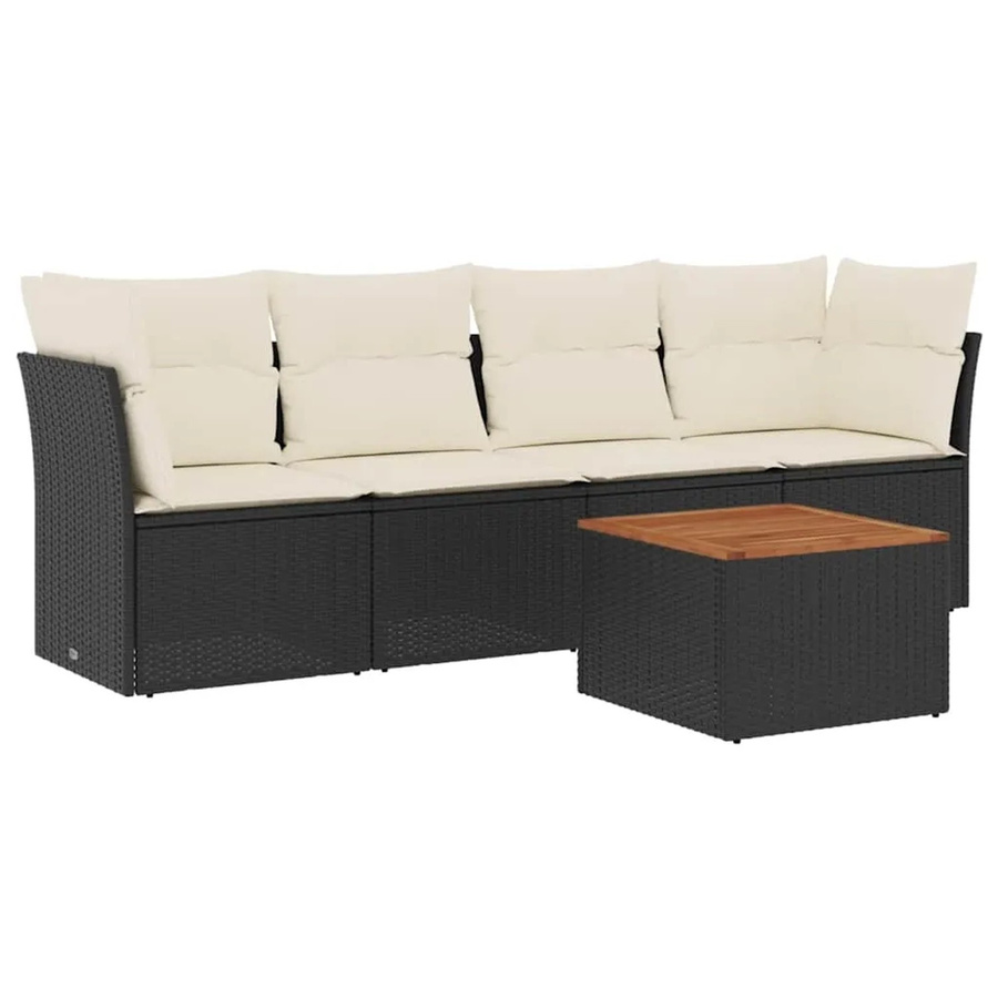 vidaXL 5-teilige Garten-Sofagarnitur aus Poly-Rattan und Akazienholz in Schwarz-Creme mit Kissen - Bild 2